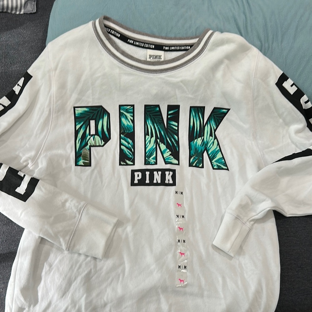 PINK Victoria's Secret White Sweatshirt with Green and Black Accents
